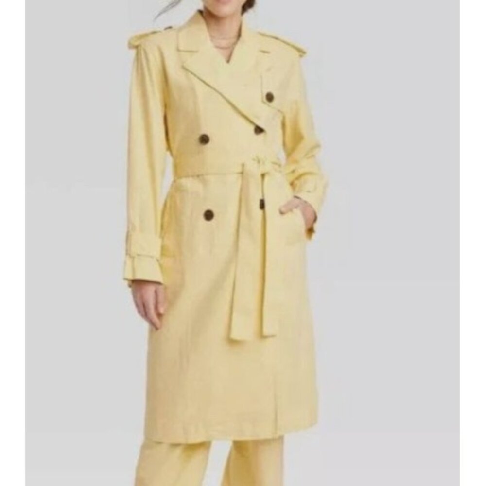 A New Day Pastel Yellow Linen Blend Belted Trench Coat Womens Medium Yellow New